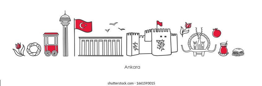 Ilustración vectorial Ankara, Turquía. Famosos monumentos turcos en la fila. Símbolos de capital: mausoleo, mezquita, monumento. Viaje al concepto de Turquía. Conjunto de elementos para el diseño de viajes y recuerdos.