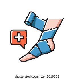 vetor Ilustração de um tratamento de lesão do tornozelo com bandagem e ícone médico