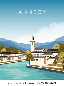 Vector illustration Annecy France. Tourist poster, banner, postcard. Tourism. Trips.