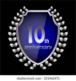Vector illustration of Anniversary - 10 years. Silver - blue on black.