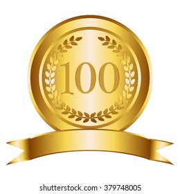 Vector illustration of Anniversary - 100. Gold laurel wreath and ribbon on a white background.