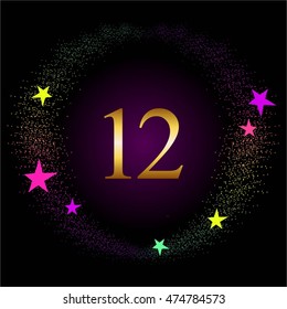 Vector illustration of Anniversary - 12 years. Glowing stars on a black background