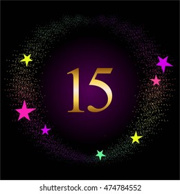 Vector illustration of Anniversary - 15 years. Glowing stars on a black background