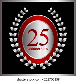 Vector illustration of Anniversary - 25 years. Silver laurel wreath on black. 