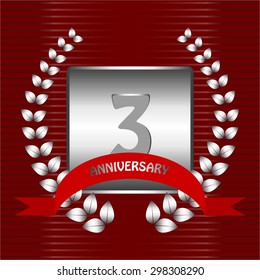 Vector illustration Anniversary - 3. Silver laurel vreath and red ribbon on a shiny background.