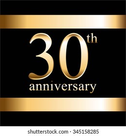 Vector illustration of Anniversary 30 years. Gold ribbons on a black background.