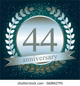 Vector illustration of Anniversary - 44. Silver laurel wreath and ribbon on a turquoise background.