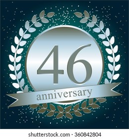 Vector illustration of Anniversary - 46. Silver laurel wreath and ribbon on a turquoise background.