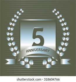 Vector illustration of Anniversary - 5 years. Silver laurel wreath and ribbon on a gray background.