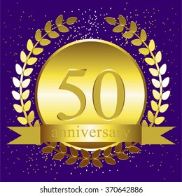 Vector illustration of Anniversary - 50. Gold laurel wreath and ribbon on a blue background.