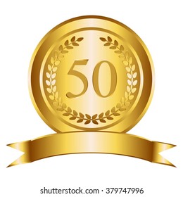 Vector illustration of Anniversary - 50. Gold laurel wreath and ribbon.