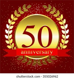 Vector illustration of Anniversary - 50. Red ribbon and gold award on a red with sparkles background