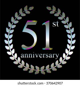Vector illustration of Anniversary - 51. Silver laurel wreath on a black background.