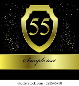 Vector illustration of Anniversary 55 years. Golden shield and ribbon on a black background with stars.