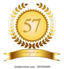 Vector illustration of Anniversary - 57. Gold ribbon and laurel wreath.