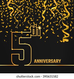 Vector Illustration of Anniversary 5th Outline for Design, Website, Background, Banner. Jubilee silhouette Element Template for festive greeting card. Shiny gold Confetti celebration