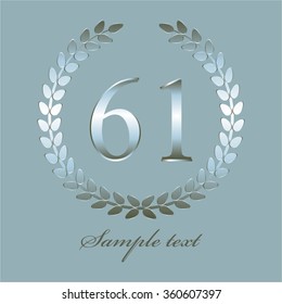 Vector illustration of Anniversary - 61. Silver laurel wreath on a blue background.