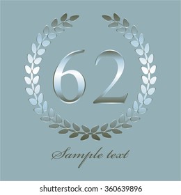 Vector illustration of Anniversary - 62. Silver laurel wreath on a blue background.