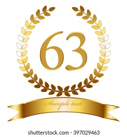 Vector illustration of Anniversary - 63. Gold ribbon and laurel wreath.