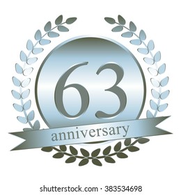 Vector illustration of Anniversary - 63. Silver laurel wreath and ribbon.