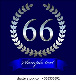 Vector illustration of Anniversary - 66. Silver laurel wreath and blue ribbon on a blue background.