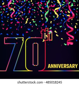 Vector Illustration of Anniversary 70th Outline for Design, Website, Background, Banner. Jubilee silhouette Element Template for festive greeting card. Shiny colorful Confetti celebration
