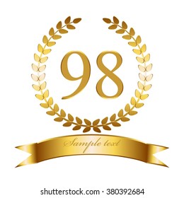 Vector illustration of Anniversary - 98. Gold laurel wreath and ribbon.