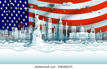 Vector illustration Anniversary celebration American day in national flag background with Travel landmarks architecture of America in manhattan and San Francisco, in paper art, paper cut style.