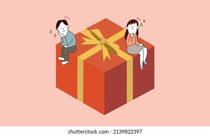 Vector illustration of anniversary concept. thinking couple on big gift box.