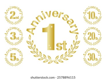 Vector illustration of anniversary icon. Laurel leaf ornament design. Gold icon set. White background.