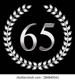 Vector illustration of Anniversary sixty five, silver laurel wreath, black background.