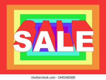Vector illustration. The announcement of the sale. White with red 3d letters on a bright rainbow background.  Rectangular shape.