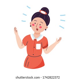 Vector illustration of annoyed angry adult woman at a loss. Portrait of a brunette girl in simple flat style isolated on a white background. The concept of anger, scream, fright.