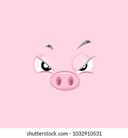 Vector illustration of the annoyed pig face on pink background.