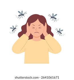 Vector illustration of an annoyed woman covering her ears as mosquitoes buzz around her head. Concept of summer insect problem, mosquito noise, and irritation.