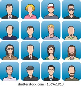 Vector illustration of anonymous faces in big set. Easy-edit layered vector EPS10 file scalable to any size without quality loss. High resolution raster JPG file is included.