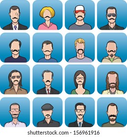 Vector illustration of anonymous faces with mustaches in set. Easy-edit layered vector EPS10 file scalable to any size without quality loss. High resolution raster JPG file is included.