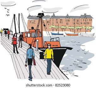 Vector illustration of anonymous people on Stockholm wharf, Sweden