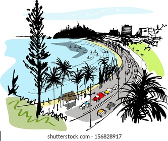 Vector illustration of Anse Vata beach resort area with traffic, New Caledonia