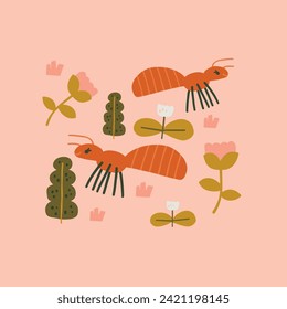 Vector illustration with an ant and flowers in a modern style. Perfect for decor and children's textiles