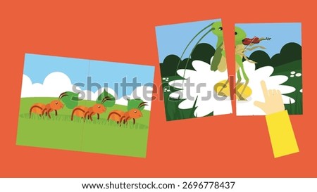 Vector illustration of an ant and a frog on a field of grass