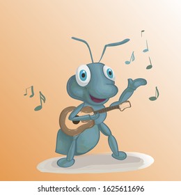 Vector illustration Ant Singing With Guitar Cute Cartoon