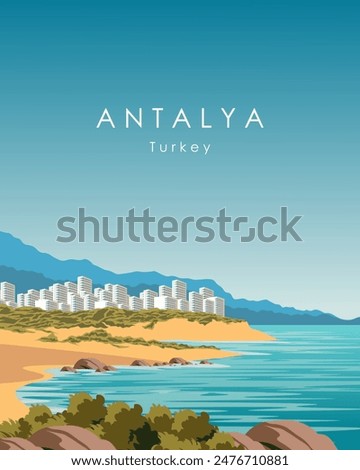 Vector illustration. Antalya, Türkiye. Poster design, postcard, cover. Modern design. Trips. Tourism.