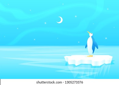 Vector illustration of antarctic landscape with Penguin on the ice floe in the ocean under starry sky.