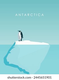 Vector illustration. Antarctica, travel poster, banner, postcard. Climate change, ecology. Penguin on an iceberg. Nature, animals. Vertical poster.