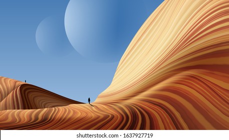 A vector illustration of an antelope art. Travelers are walking on an alien planet that its geology similar to the antelope canyon.