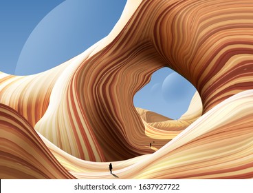 A Vector Illustration Of An Antelope Art. Travelers Are Walking On An Alien Planet That Its Geology Similar To The Antelope Canyon.