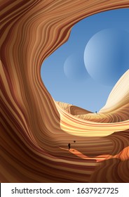 A vector illustration of an antelope art. Travelers are walking on an alien planet that its geology similar to the antelope canyon.