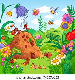 Vector illustration with an anthill and insects. Nature, flowers and insects in the children's style.