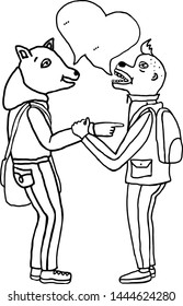Vector illustration of anthropomorphic animals talking each other. Hand drawn line style.